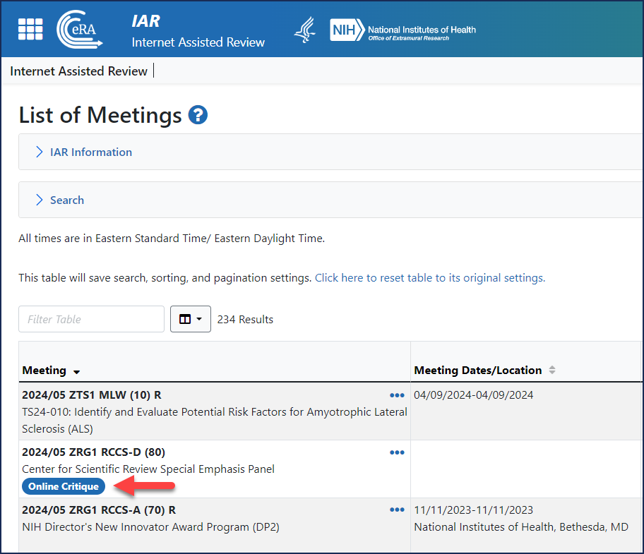 Figure 1: If a meeting is using online critiques, an Online Critique icon appears on the List of Meetings screen. Partial screen shown.