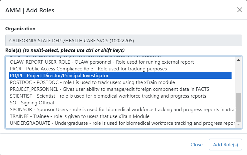 Account Management Module (Admin) Add Roles popup