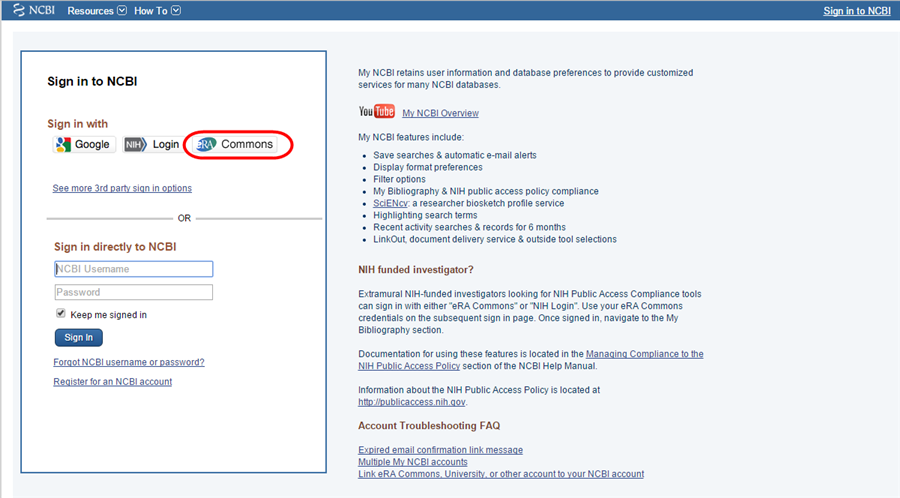 NCBI log in page showing Commons button