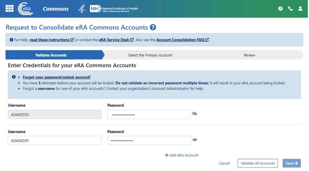 Request to Consolidate eRA Commons Accounts screen