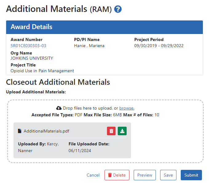 Additional Materials RAM screen with Submit button, as seen by an SO