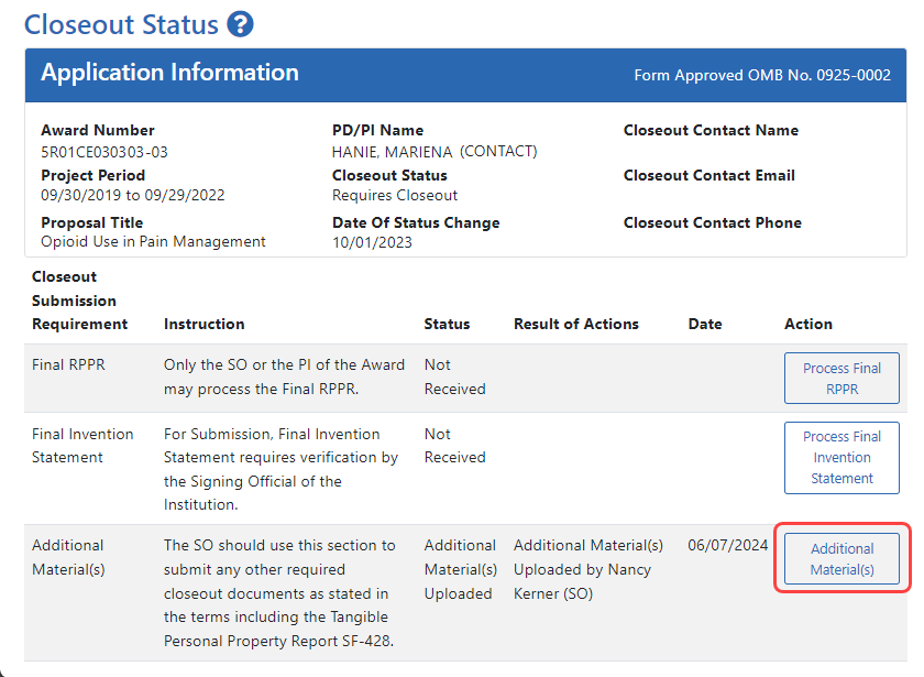 Closeout Status screen showing Additional Materials action, outlined