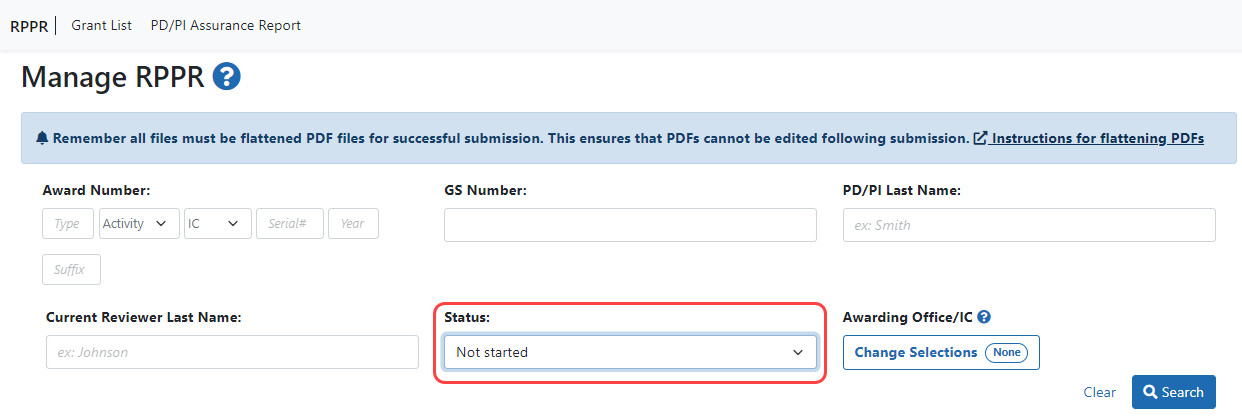 Manage RPPR screen with Not Started selected in the Status field