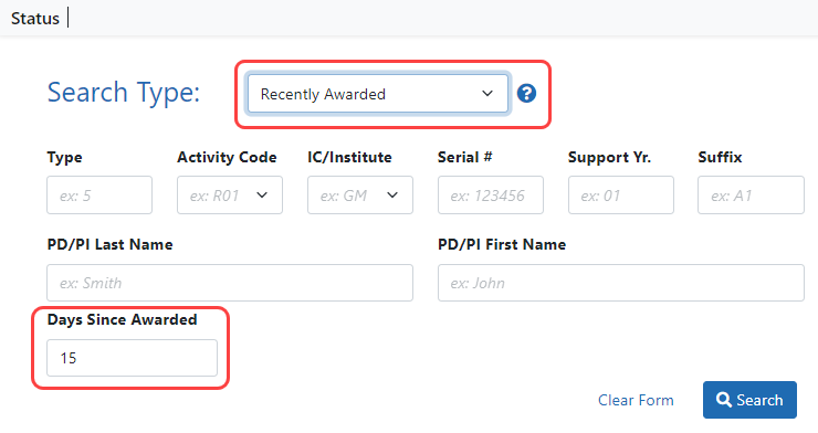 Status module with Recently Awarded Search Type