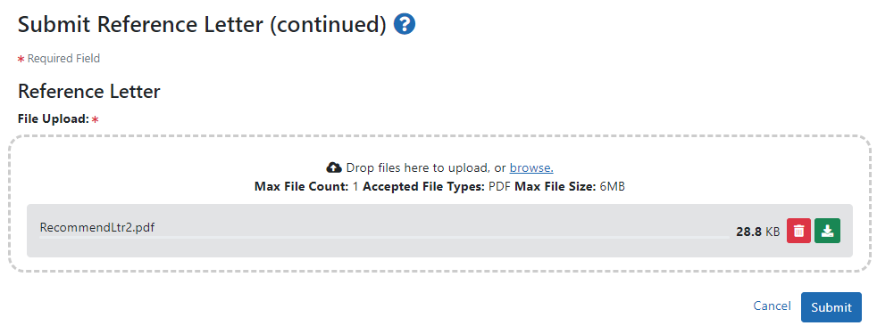 Submit Reference Letter screen with Submit and View buttons Submit Reference Letter screen with Submit and View buttons