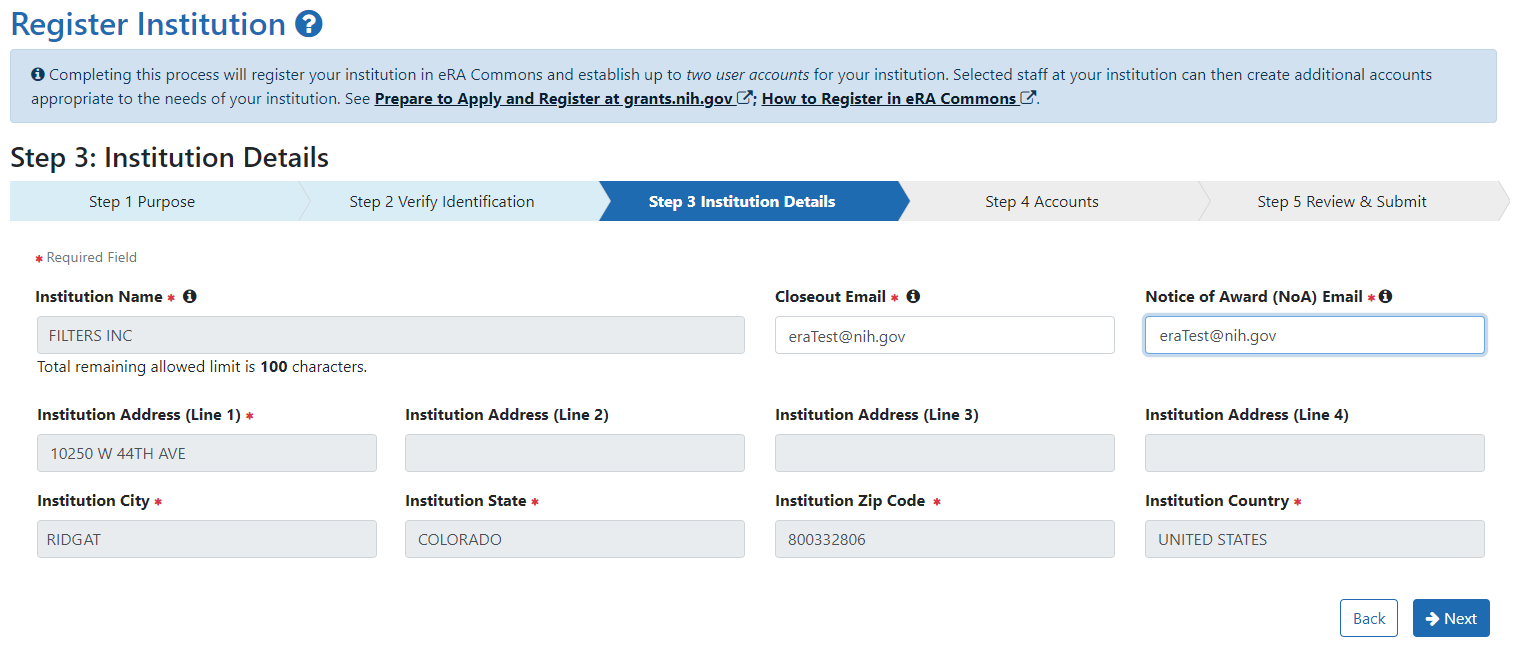 Step 3 Institution Details screen
