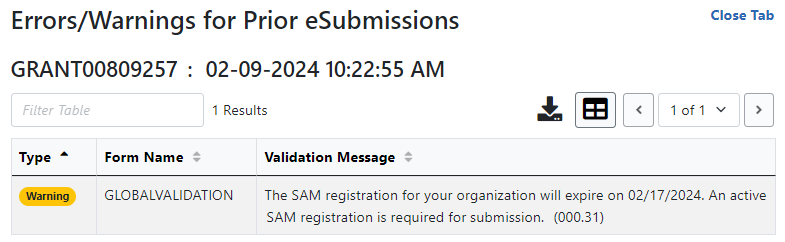 Errors/Warning for Prior eSubmissions screen Errors/Warning for Prior eSubmissions screen