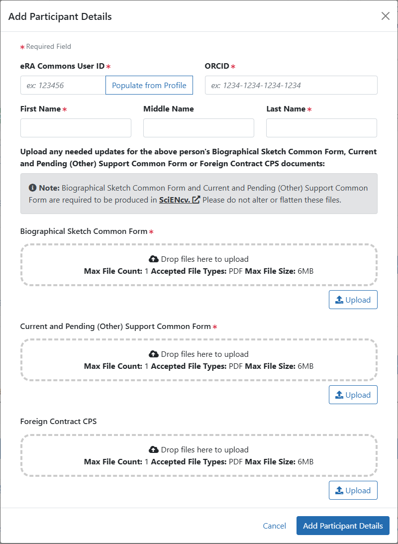 JIT Add Participants Details screen