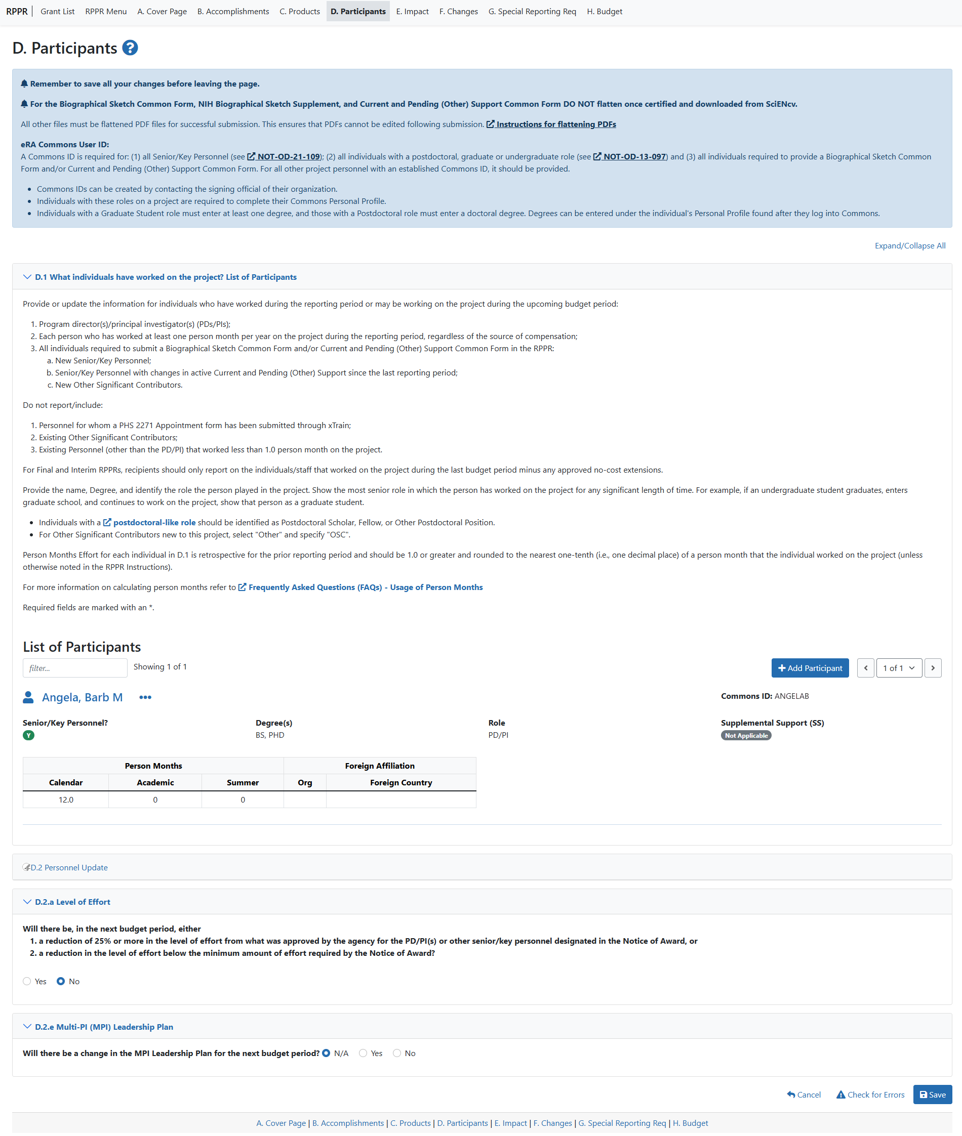 RPPR - Section D Participants