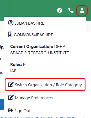 Switch Organizatin / Role Category link under Person icon