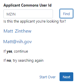 After you click Find for a Commons ID, the details of the person appear so you can confirm it is the correct person.
