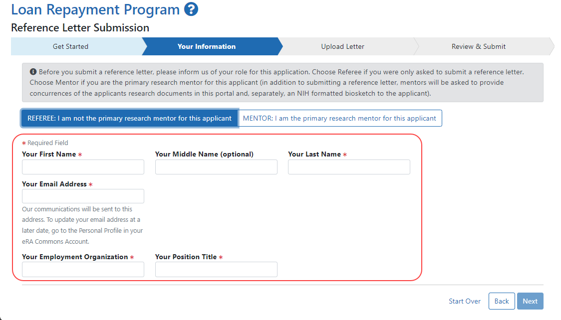 After you specify that you are a referee, enter your personal information to identify who is submitting a letter