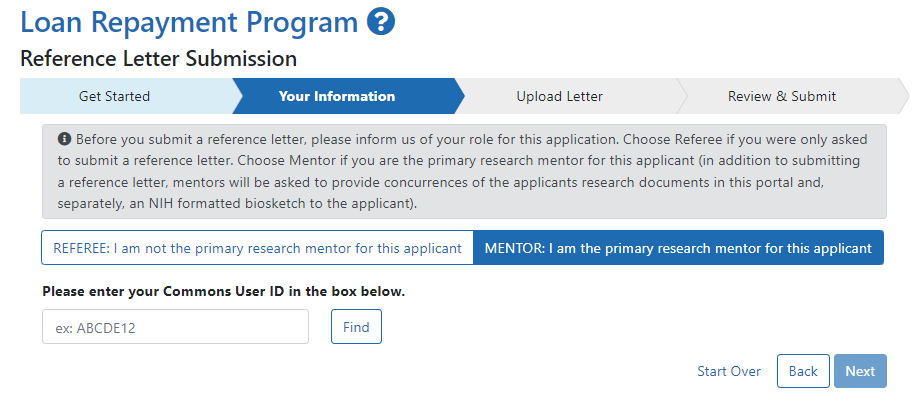 After you specify that you are a mentor, enter your eRA Commons ID and your Personal Profile data will be retrieved to identify you