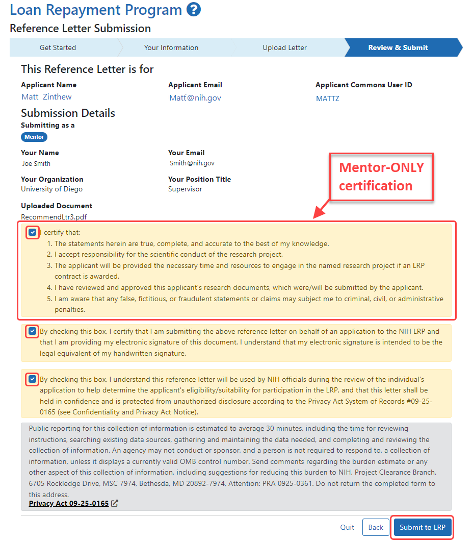 The Review & Submit screen lets you review all the details, and you must also acknowledge the text in shaded boxes by reading and marking the checkboxes. The top certification shown above appears only for mentor submissions.