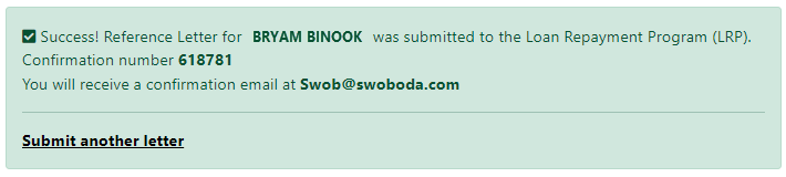 Success message with confirmation number