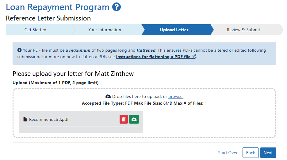 The Upload Letter screen lets you upload the letter with drag and drop or by clicking "browse"