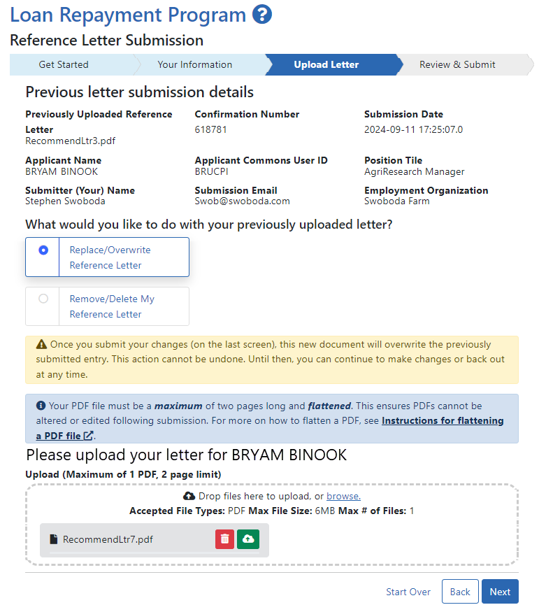 You can choose to either replace or delete the letter on the Upload Letter screen