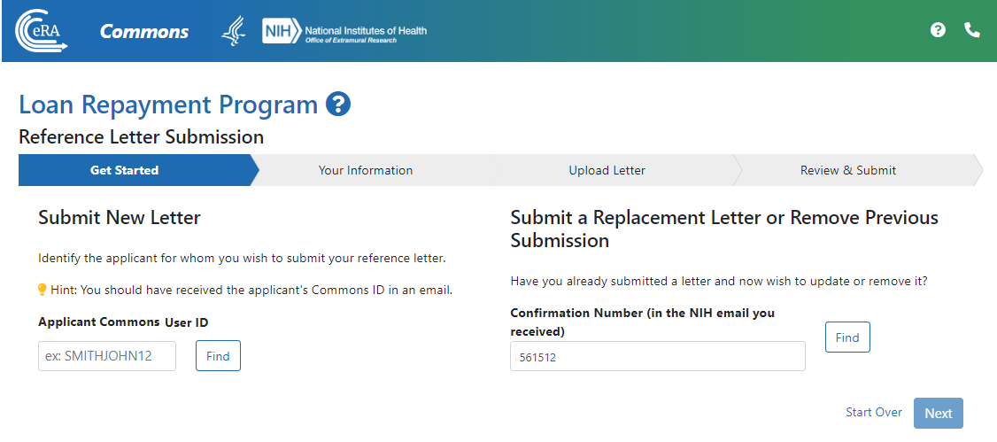 The initial screen of the LRP reference letter submission portal
