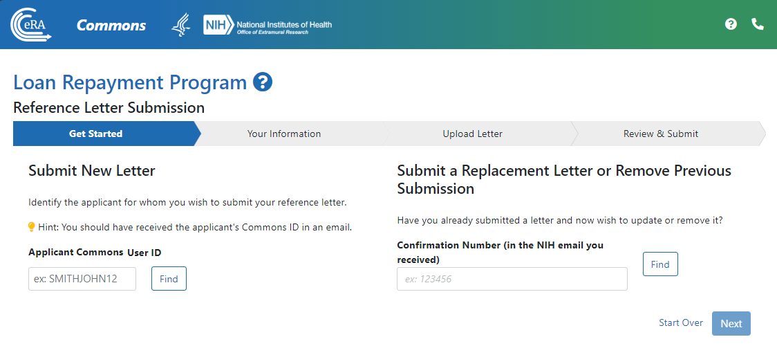 The initial screen of the LRP reference letter submission portal