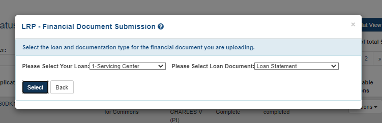 After submitting, you see the loan and document type selection screen again.