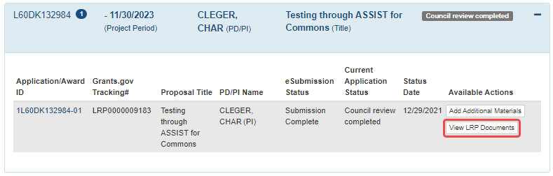 After submitting financial documents, Status shows the View LRP Documents action