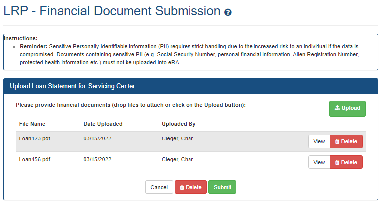 LRP Financial Document Submission screen showing two files ready to submit