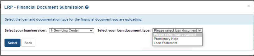 LRP Financial Document Submission screen, where you select loan and type of loan document you will be uploading