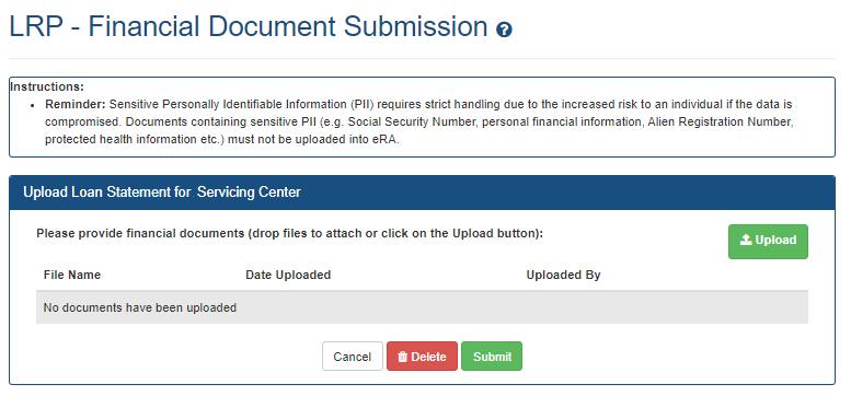 Financial Document Submission screen for LRP Applicants