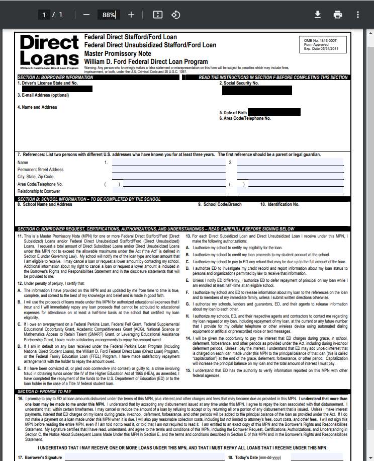 Sample Promissory Note with redacted personal identifiable information