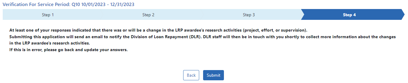 Change in LRP awardee's research activities screen