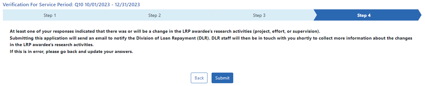 Screen that indicates you are submitting a statement that changes occurred or will occur in the LRP awardee's research activities 