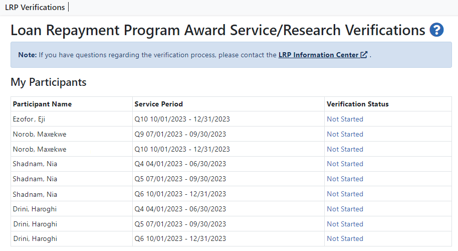 LRP Award Service/Research Verification Portal screen LRP Award Service/Research Verification Portal screen