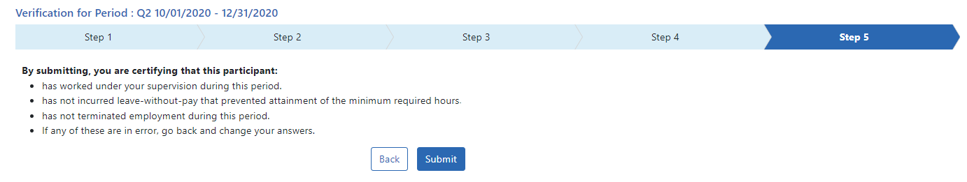 Screen for reviewing/certifying your statements and submitting 