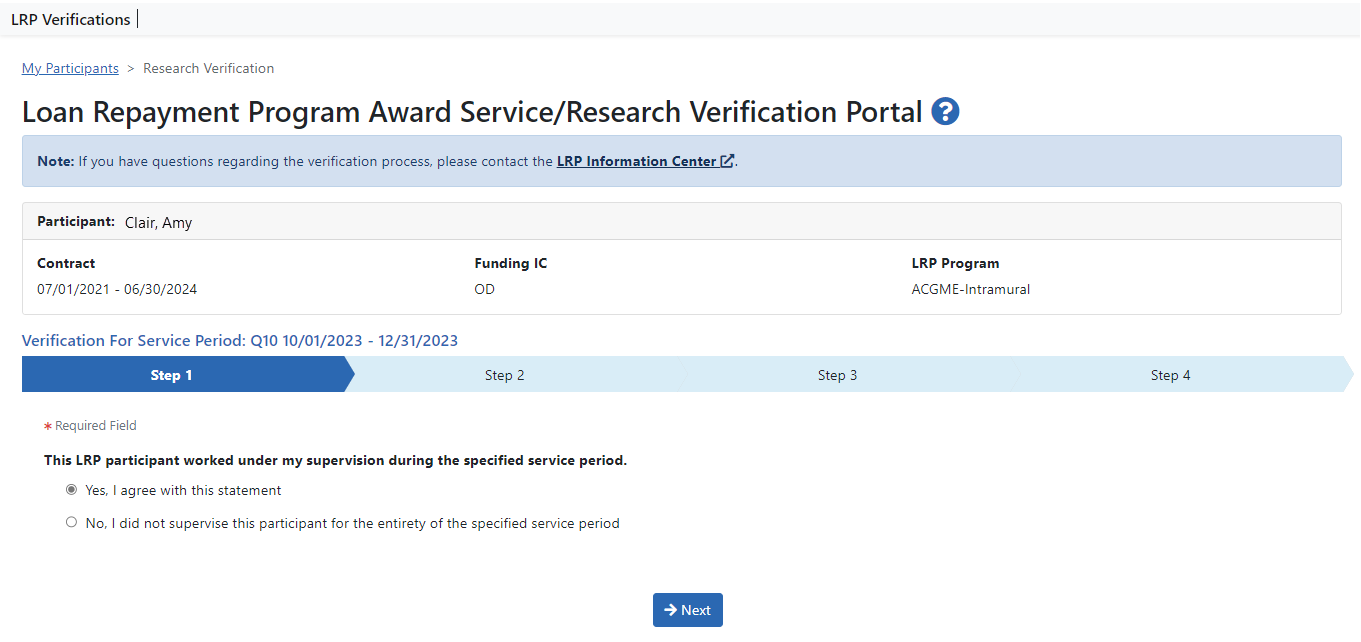 LRP Award Service/Research Verification Portal supervision question 