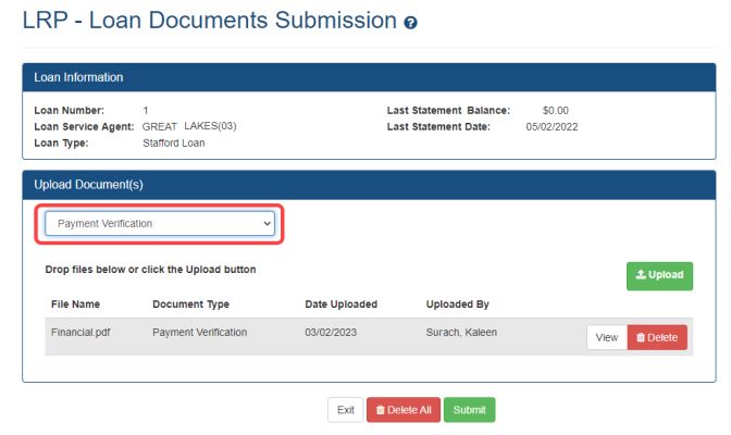 LRP Loan Documents Submission screen with document type dropdown outlined in red.