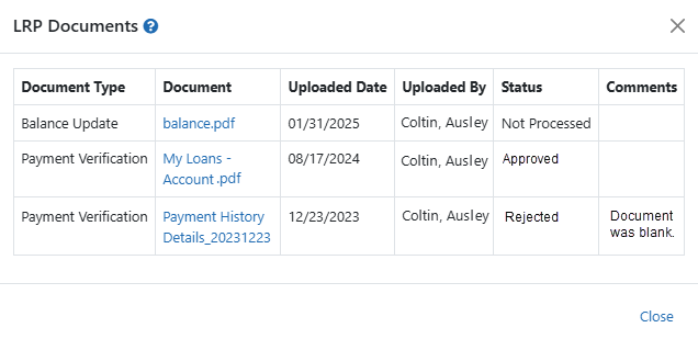 LRP Documents popup on Participant Portal screen
