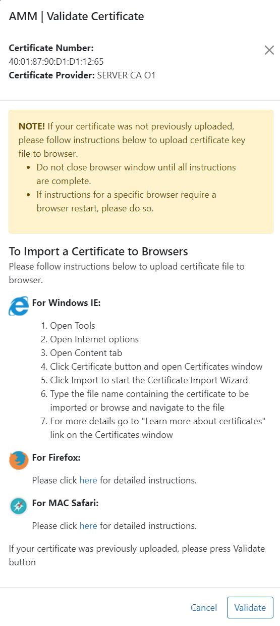 Validate Certificate Screen