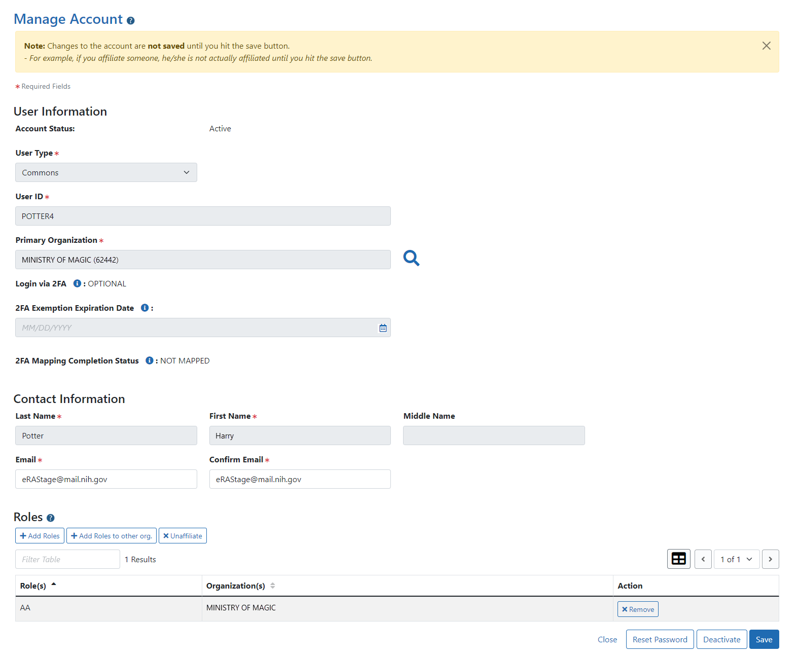 Manage Account screen for an external account