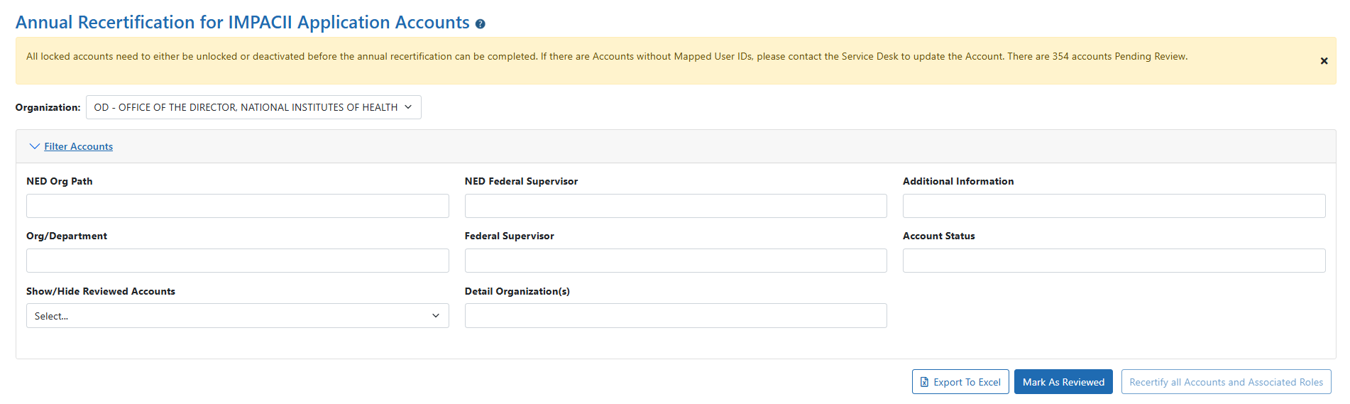 Annual Recertification for IMPACII Accounts screen with the Filter Accounts pane expanded