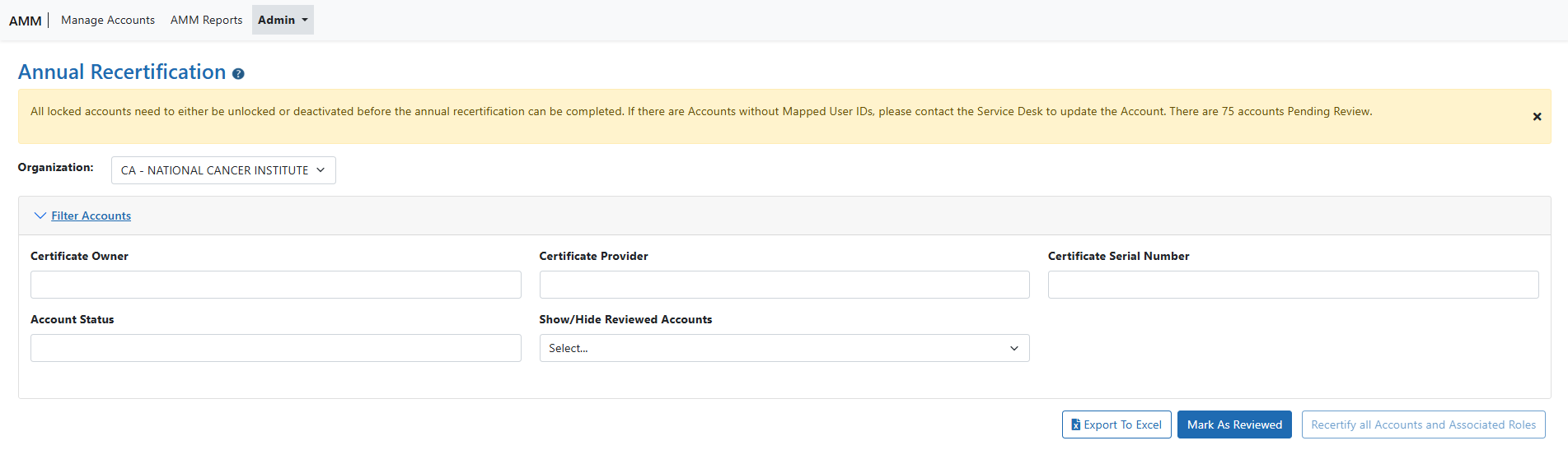 Annual Recertification for System Accounts screen showing expanded Filter Accounts pane
