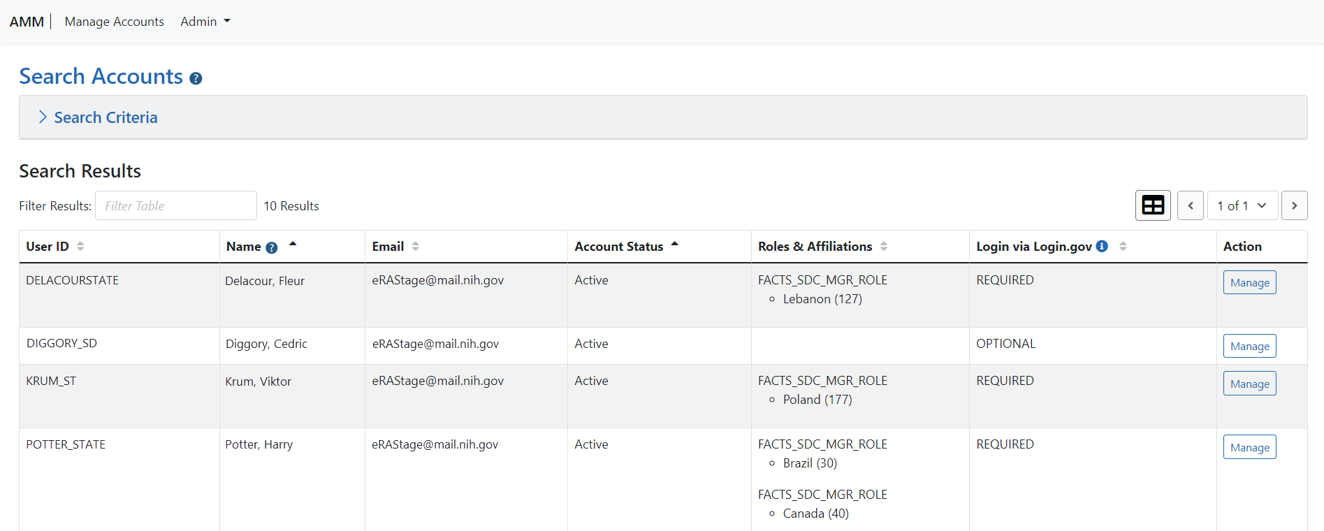 Search Accounts Screen Displaying State Department Search Results