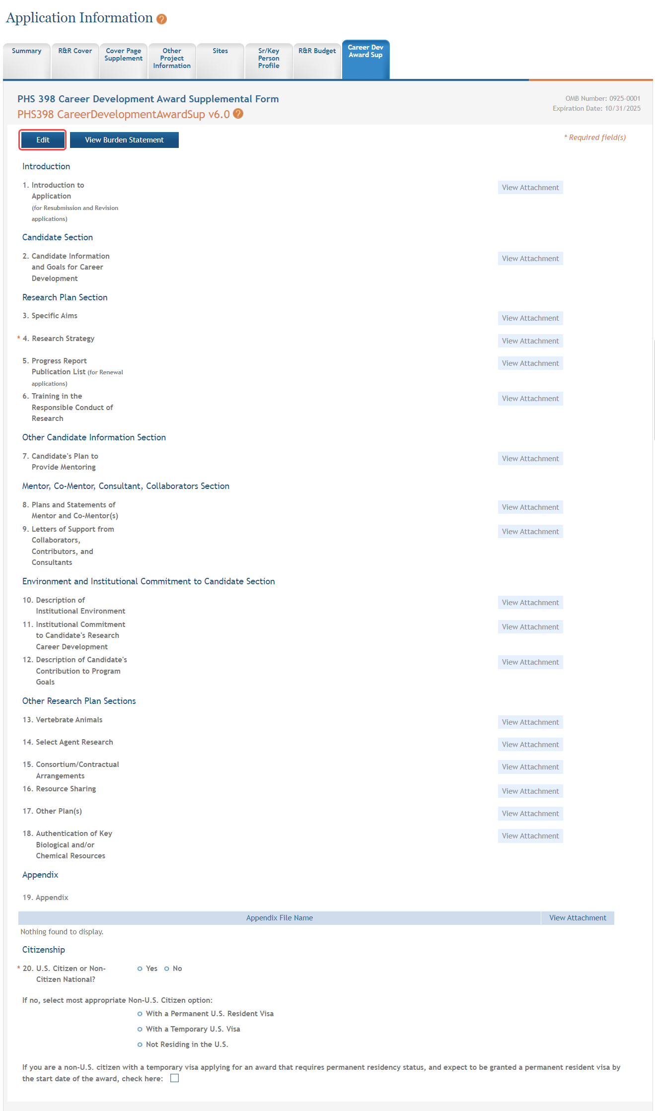 Career Development Award Suplemental Form indicating Edit button