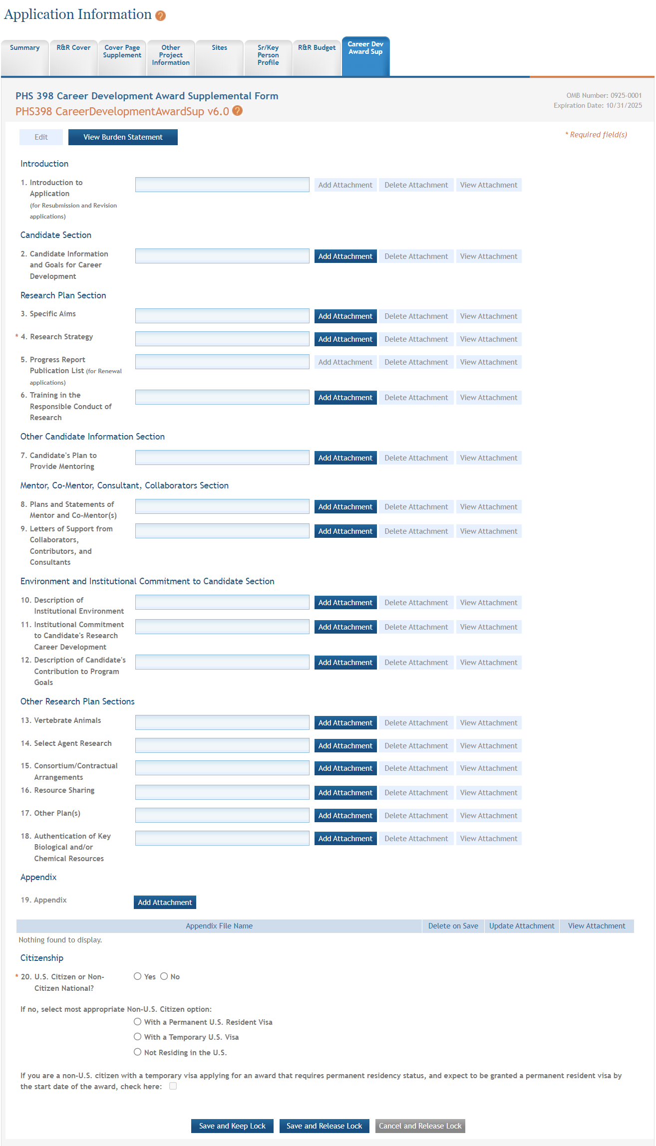 PHS 398 Career Development Award Supplemental Form screen in Edit mode
