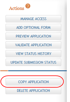 Actions panel highlighting the Copy Application button