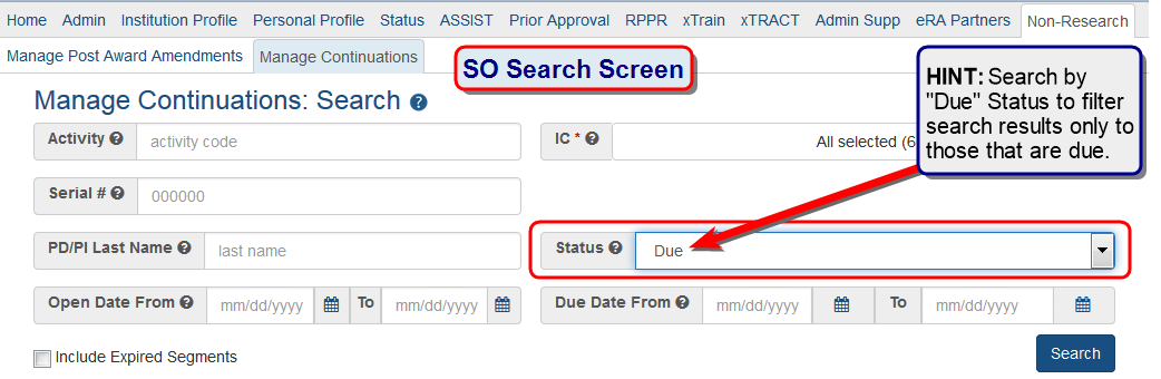 Continuations search screen for SOs