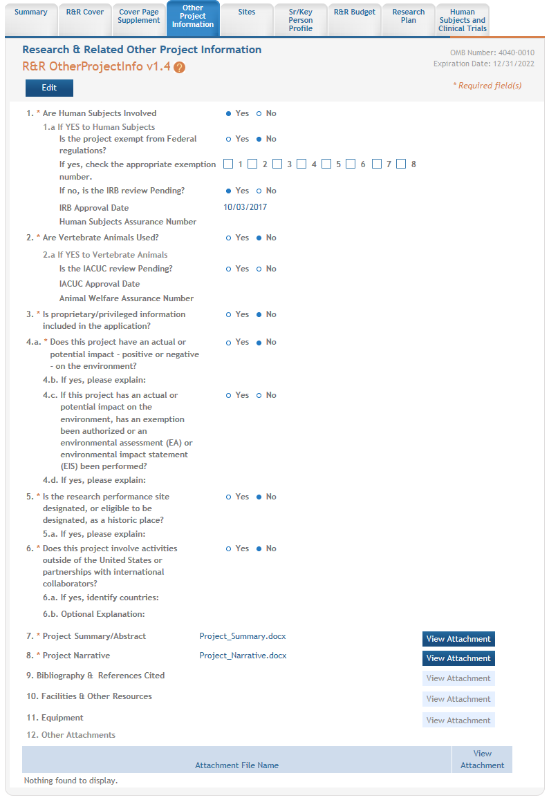 Research & Related Other Project Information form for Overall Component, showing the Edit button