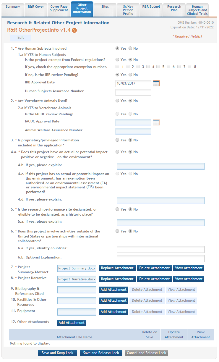 Expanded fields of the R&R Other Project Information form for Overall component
