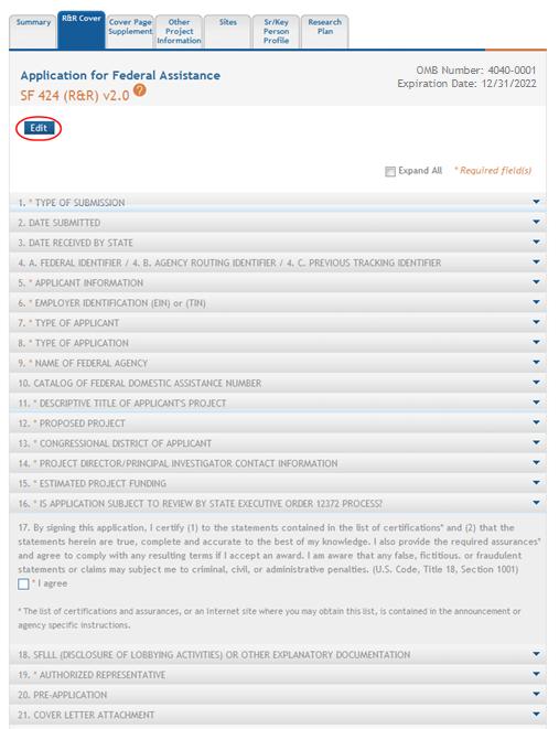 SF424 Cover for the Overall component