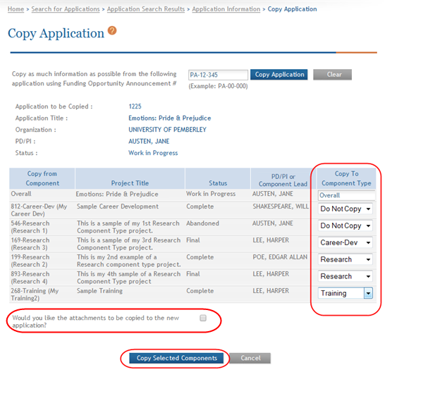 Copy Application screen shows components from the application being copied; certain components are selected to be copied
