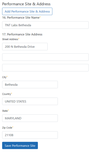 Performance Site & Address section